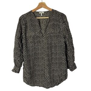 Joie Deon Black & Brown Geometric‎ Printed Silk Long Sleeve Blouse XS